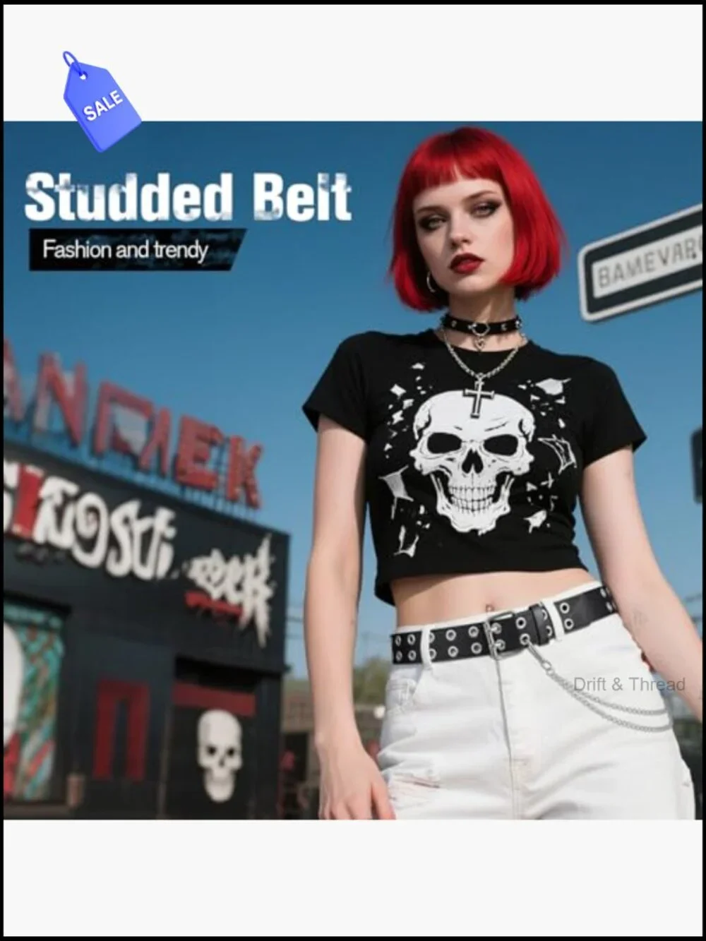Women's Studded Double Grommet Punk Belt Faux Leather Y2K